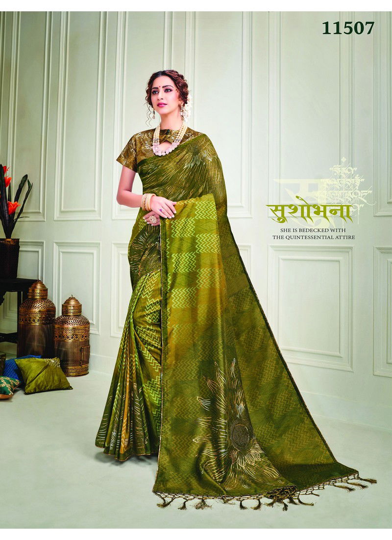 Mehndi Musterd Musterd Metallic Value Addition Swarovski Work Crystals Party Wear Silk Saree 11507